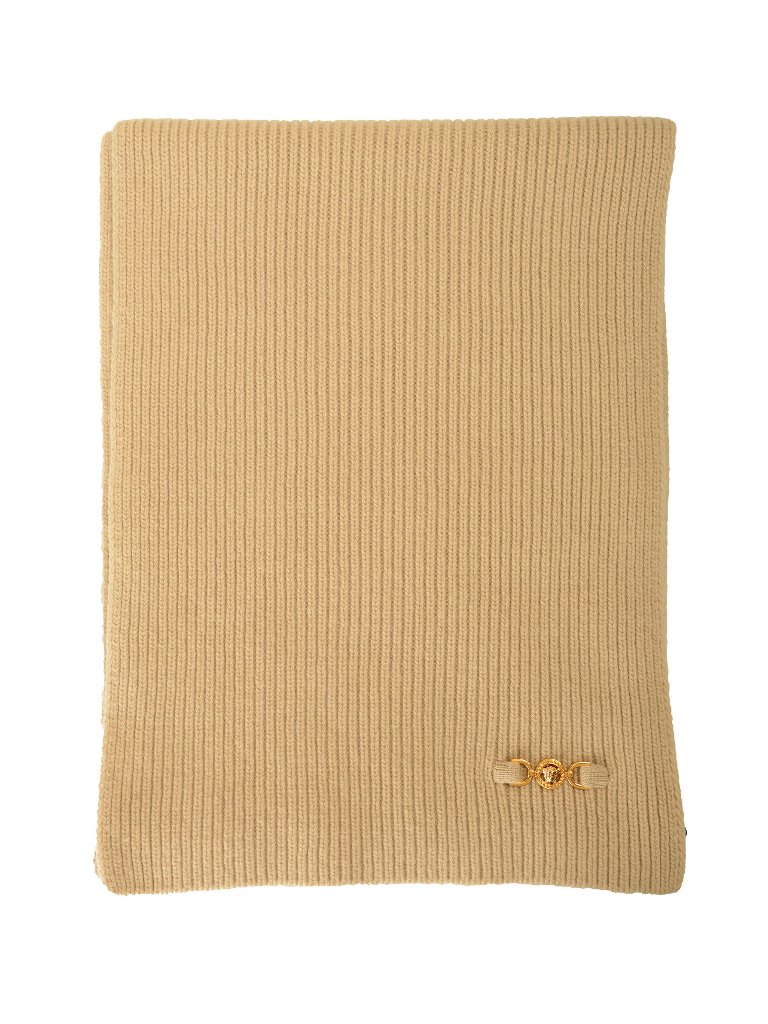 Versace Unisex Beige Wool Cashmere Ribbed Knitted Scarf